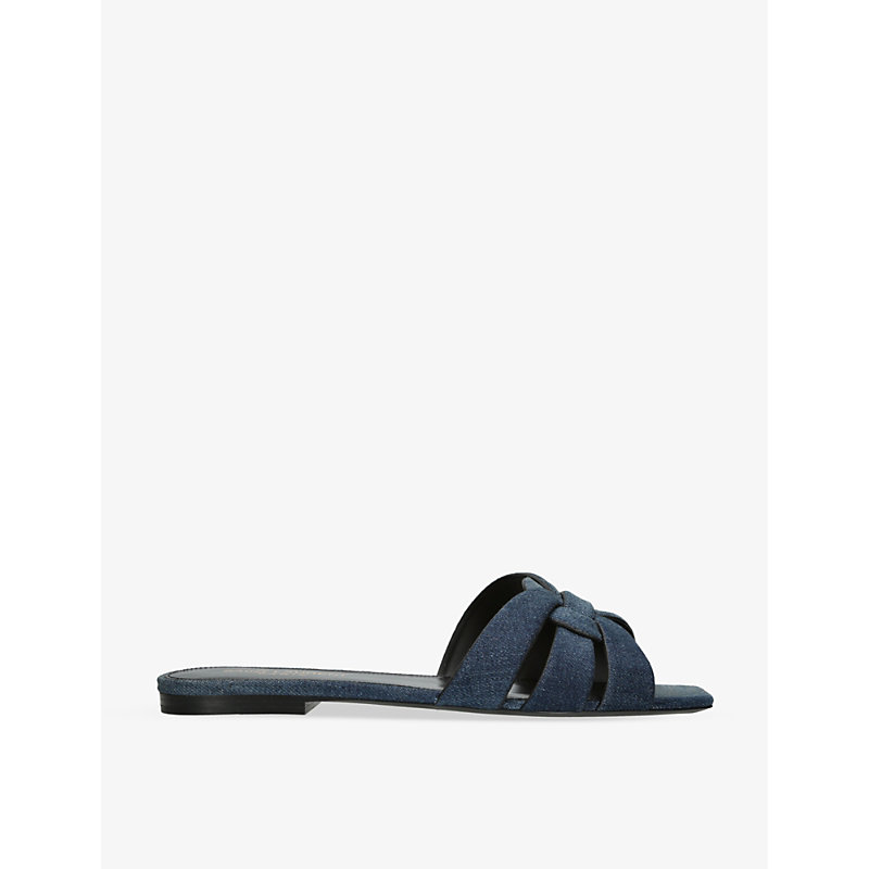 Shop Saint Laurent Women's Blue Nu Pieds 05 Woven-strap Denim Sandals