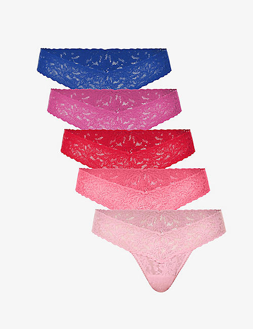HANKY PANKY: Floral-embroidered low-rise lace thong pack of five