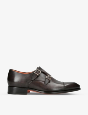 Shop Santoni Men's Dark Brown Carter Double-buckle Leather Shoes