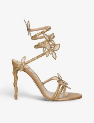RENÉ CAOVILLA RENE CAOVILLA WOMEN'S GOLD MARGOT FLORAL-EMBELLISHED SATIN HEELED SANDALS,63991001