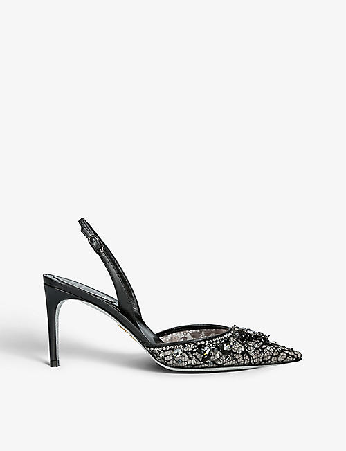 RENE CAOVILLA: Jewel-embellished pointed-toe woven slingback heeled courts