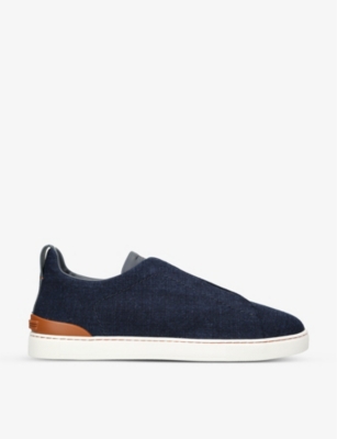 Ermenegildo Zegna Mens Denim Triple Stitch Contrast-sole Denim Low-top Trainers In Blue