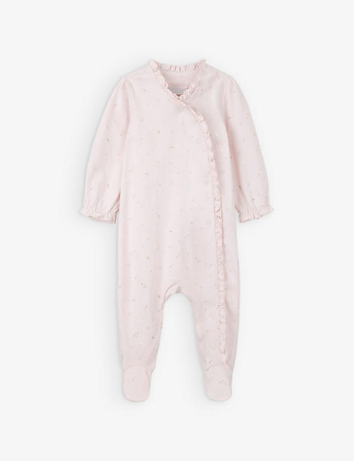 THE LITTLE WHITE COMPANY: Floral-print frilled-trim organic-cotton sleepsuit 0-24 months