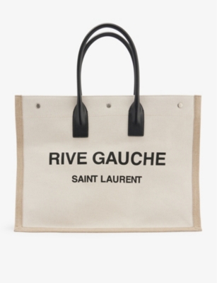 Saint Laurent Rive Gauche Medium White And Black Linen Tote Bag