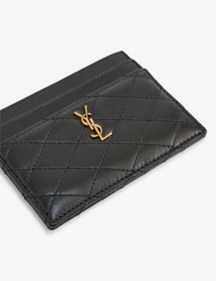 Shop Saint Laurent Womens Black/gold Monogram-embellished Leather Card Holder