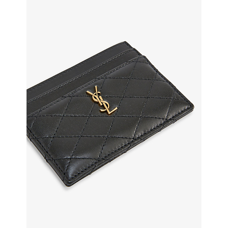 Shop Saint Laurent Womens Black/gold Monogram-embellished Leather Card Holder