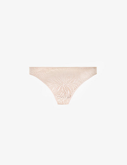 CALVIN KLEIN: Sheer Marquisette floral-embroidered recycled nylon-blend thong