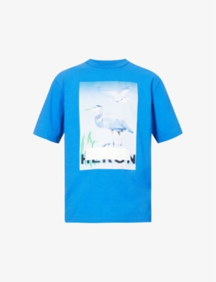 Heron Preston Mens Blue Light Blue Censored Heron-print Relaxed-fit Cotton-jersey T-shirt