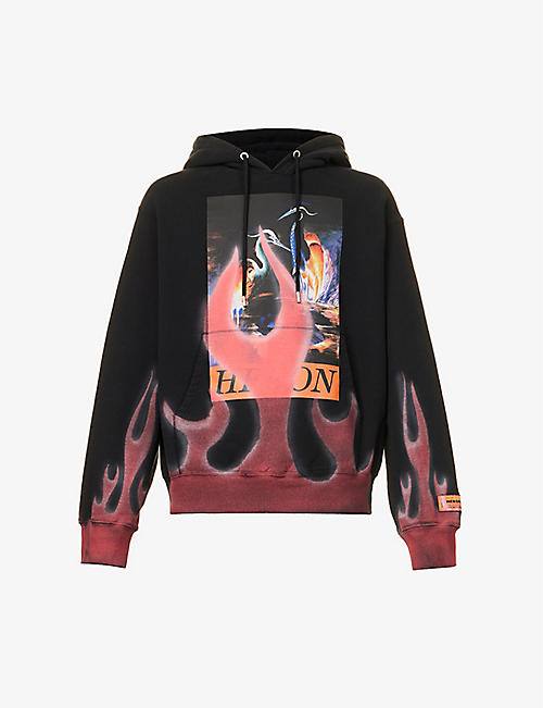 HERON PRESTON: Flames graphic-print patterned relaxed-fit cotton-jersey hoody