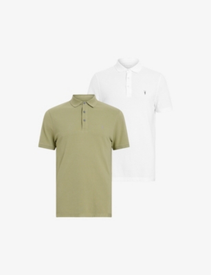 Shop Allsaints Men's Green/opt Whit Pack Of Two Reform Ramskull-embroidered Organic-cotton Polo Shirts