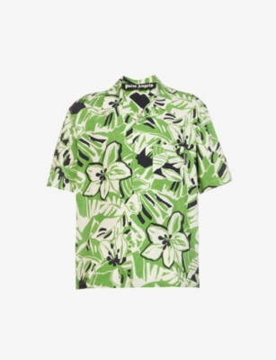 PALM ANGELS PALM ANGELS MEN'S GREEN WHITE FLORAL-PRINT SHORT-SLEEVED WOVEN SHIRT,64148084
