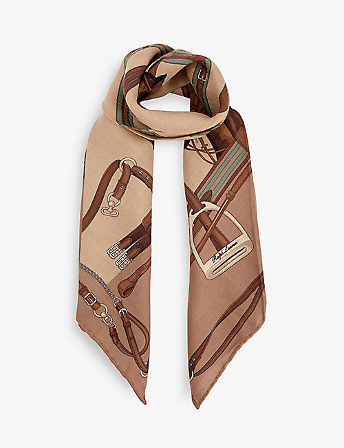 RALPH LAUREN PURPLE LABEL: Branded-print silk and cashmere-blend scarf