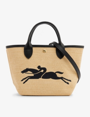 Longchamp Essential Raye Striped Horse Canvas Black Leather Tote