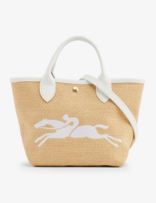 LONGCHAMP - Le Panier logo-embroidered straw and leather top-handle bag ...