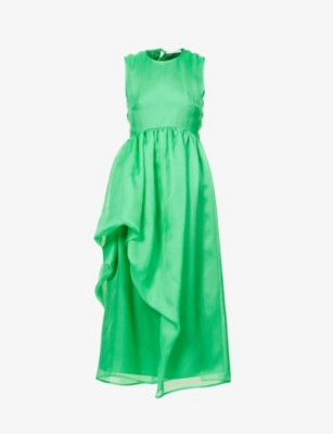 Cecilie Bahnsen Asymmetric Tie-back Midi-dress In Emerald Green