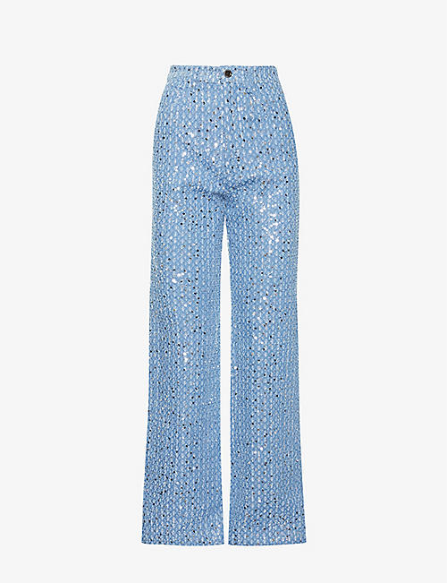 ROTATE BIRGER CHRISTENSEN: Sequin-embellished straight-leg high-rise cotton trousers