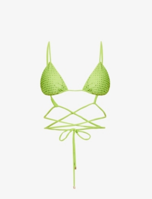 Self-portrait Bikini Top With All-over Crystal Embellishment In Green Polyamide Woman In Green