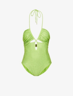 Self-portrait Embellished Cut-out Swimsuit In Green