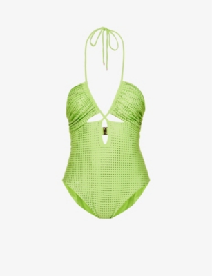 SELF-PORTRAIT SELF-PORTRAIT WOMENS GREEN HOT FIX RHINESTONE-EMBELLISHED SWIMSUIT,64174168