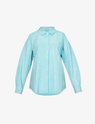 SELF-PORTRAIT SELF-PORTRAIT WOMEN'S BLUE OVERSIZED CRYSTAL-EMBELLISHED WOVEN SHIRT,64174502