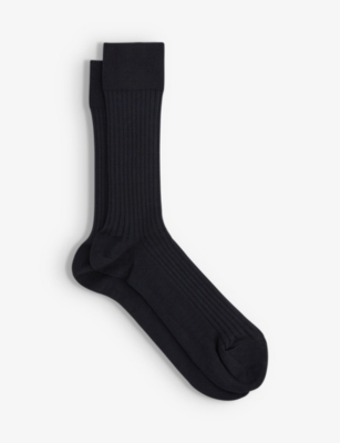 Reiss Mens Navy Feli Ribbed Cotton-blend Socks
