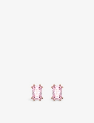 Swarovski Rose Gold-tone Color Cushion-cut Crystal Stud Earrings In Fancy Pink
