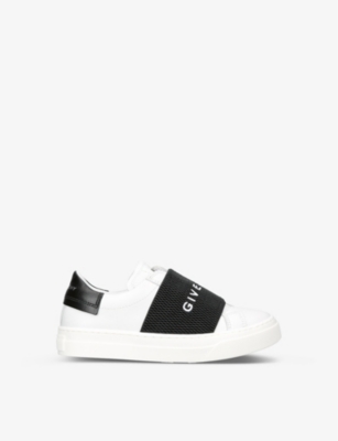 GIVENCHY GIVENCHY BOYS WHITE/BLK KIDS ELASTICATED LOGO-EMBROIDERED LEATHER LOW-TOP TRAINERS 6-8 YEARS,64194333