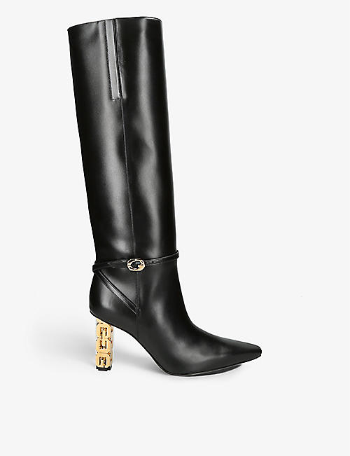 GIVENCHY: G-Cube brand-embellished heeled leather knee-high boots