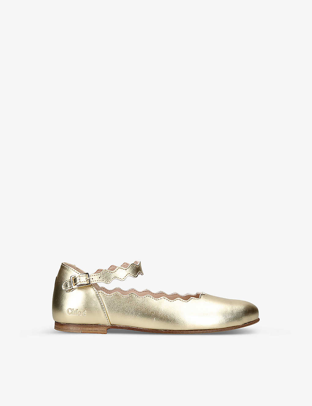 CHLOÉ CHLOE GIRLS GOLD KIDS SCALLOP-TRIM LOGO-EMBOSSED LEATHER BALLERINA SHOES 6-9 YEARS,64196764