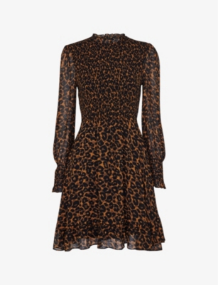 Whistles Shirred Leopard Print Dress In Multi-coloured