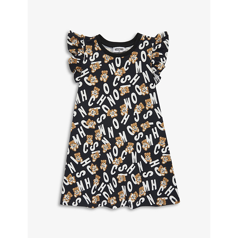 Moschino Kids' All Over Print Cotton T-shirt Dress In Black Toy Fur