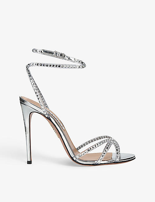 AQUAZZURA: Dance Plexi mirror-embellished metallic-leather and PVC heeled sandals