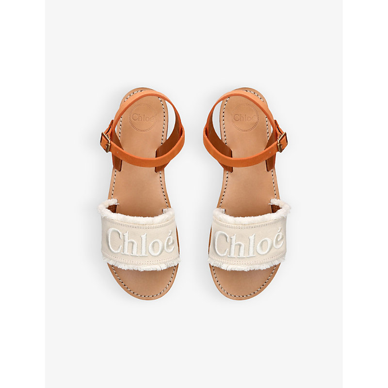 Shop Chloé Chloe Girls Cream Kids Logo-embroidered Textile-leather Sandals 6-9 Years