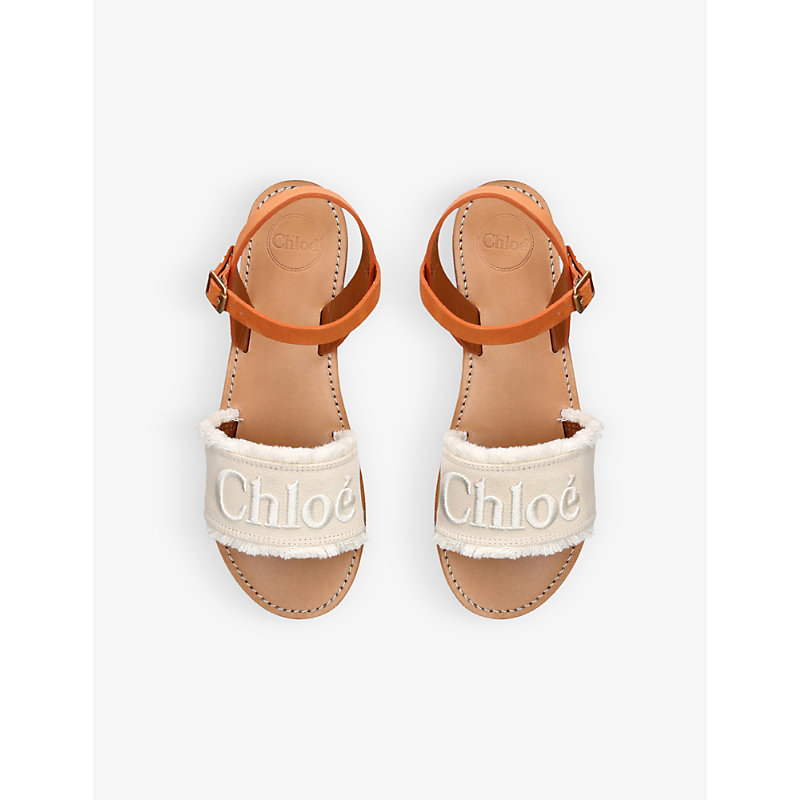 Shop Chloé Chloe Girls Cream Kids Logo-embroidered Textile-leather Sandals 9-10 Years