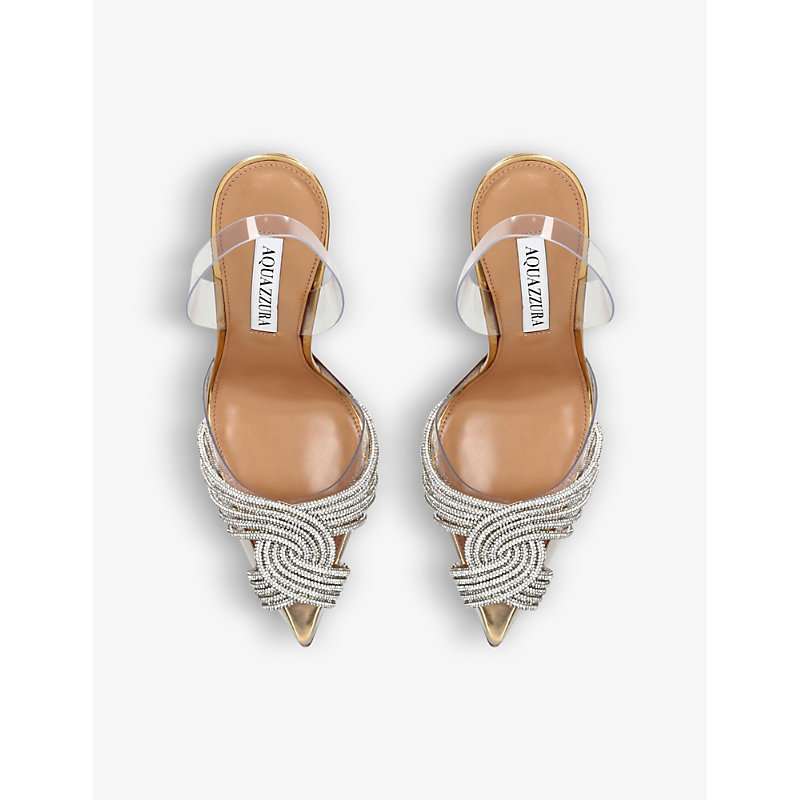 Shop Aquazzura Gatsby 105 Crystal-embellished Leather And Pvc Slingback Courts In Gold