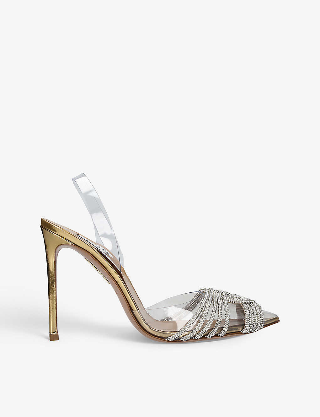 Aquazzura Gatsby Sling 105 Crystal-embellished Pvc And Metallic Leather Pumps In Gold