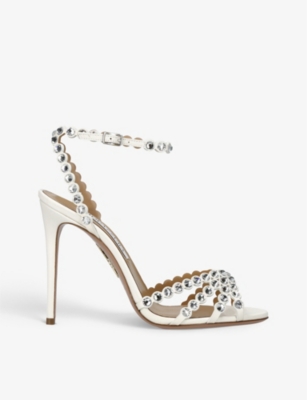 Aquazzura Womens White Tequila 105 Crystal-embellished Leather Heeled Sandals