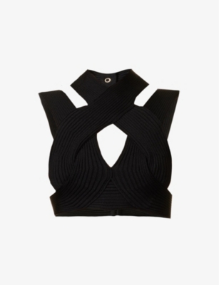 Balmain Cut-out Ribbed Cropped Top In Noir
