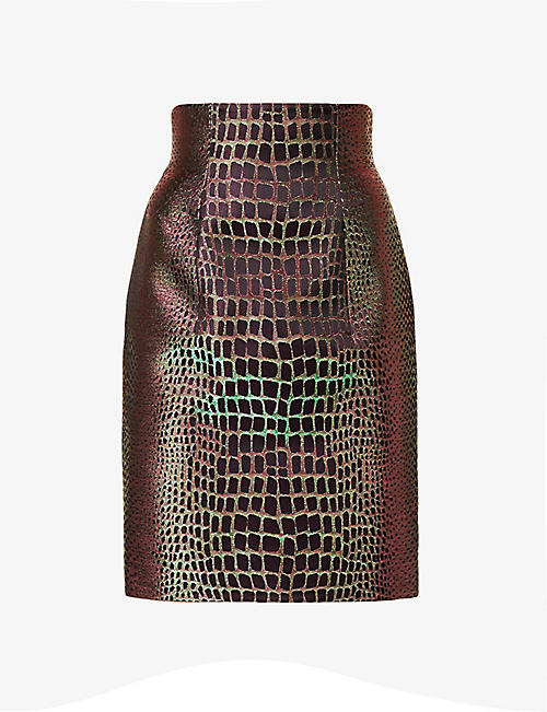 BALMAIN: Graphic-print metallic woven midi skirt