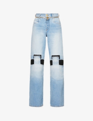 Shop Balmain Contrast-appliqué Wide-leg Mid-rise Jeans In Bleu Jean