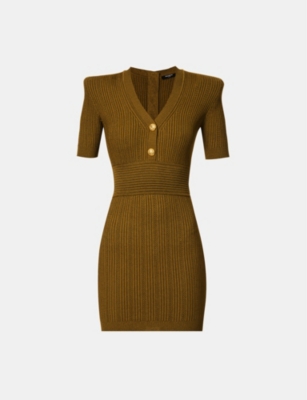 Balmain Button-front Knitted Dress In Kaki