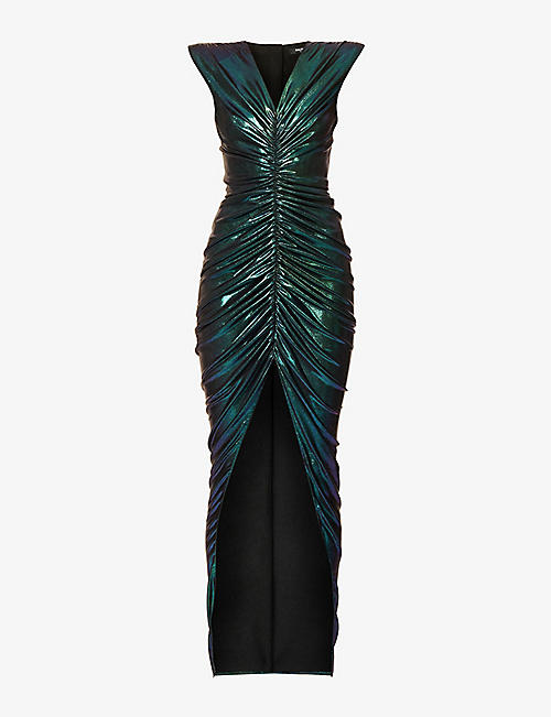 BALMAIN: Shoulder-padded ruched stretch-woven jersey midi dress