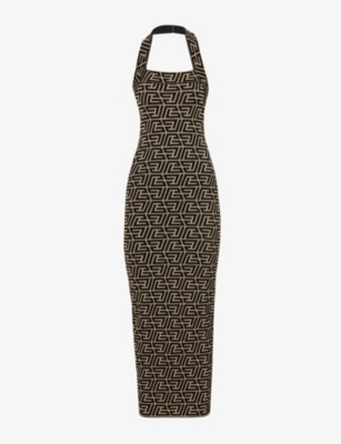 BALMAIN MONOGRAMMED SLIM-FIT KNITTED MAXI DRESS,64229387