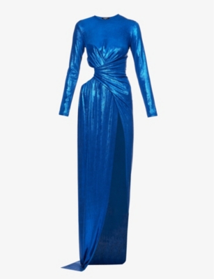 Balmain Womens Bleu Electrique Split-hem Slim-fit Stretch-woven Jersey Maxi Dress In Bleu Electrique