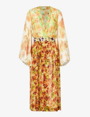 DRIES VAN NOTEN - Bell-sleeve floral-print chiffon midi dress ...