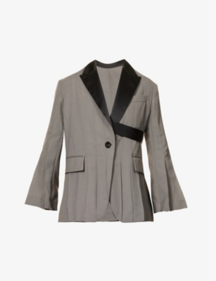 SACAI SACAI WOMEN'S TAUPE PEAK-LAPEL PADDED-SHOULDERS WOVEN BLAZER,64245998