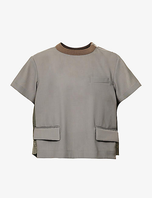 SACAI: Relaxed-fit contrast-panel cotton-blend top