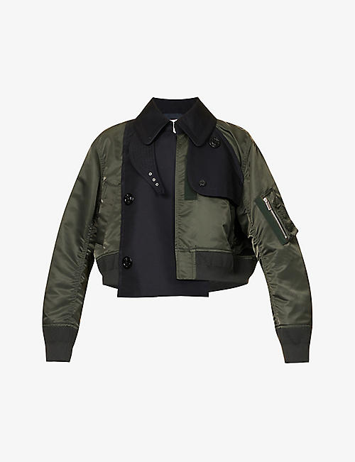 SACAI: Contrast-panel ribbed-trim boxy-fit cotton-blend jacket