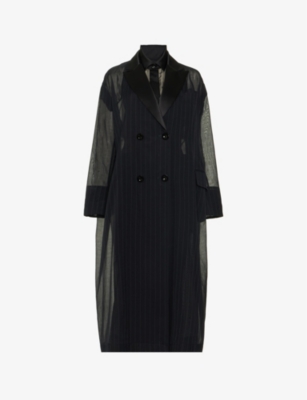 Sacai Long Stripe Pleated Suiting Coat In Navy