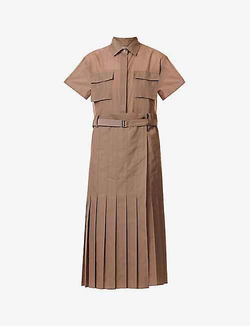 SACAI: Stripe pleated-hem cotton-blend midi dress